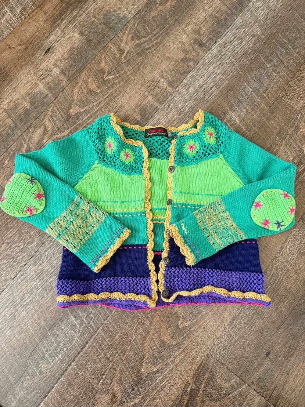 Catimini Green, Teal & Yellow Crochet-Trim Cardigan